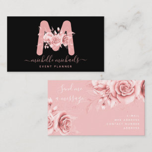 Carte De Visite Monogramme rose d'aquarelle noire