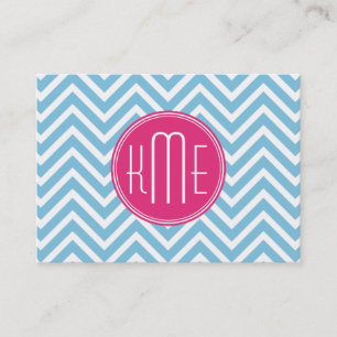 Carte De Visite Monogramme rose magenta avec Chevron bleu-clair