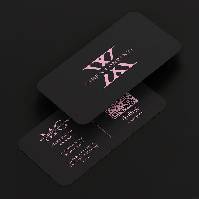 Carte De Visite Monogramme rose noir simple esthétique X (Créateur téléchargé)