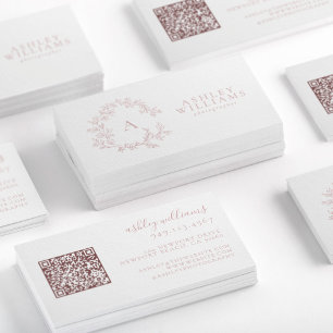 Carte De Visite Monogramme rose pâle Cimier floral Code QR