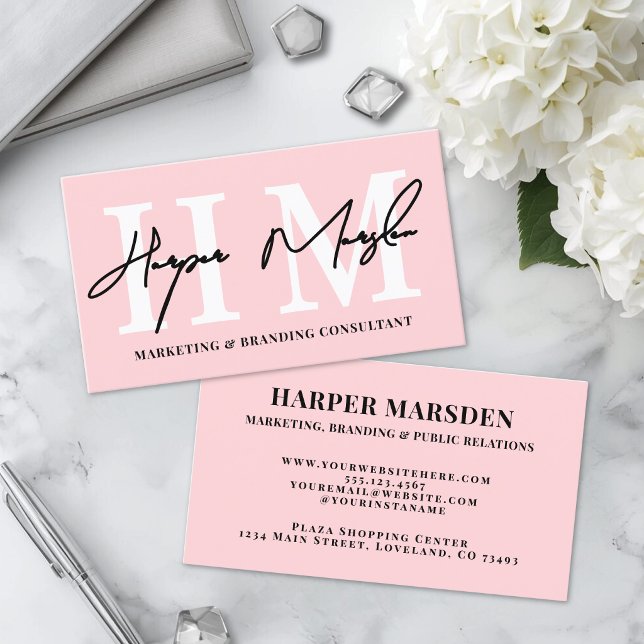 Carte De Visite Monogramme Rose Pâle Simple Professionnel (Professional Simple Blush Pink Monogram Business Card)