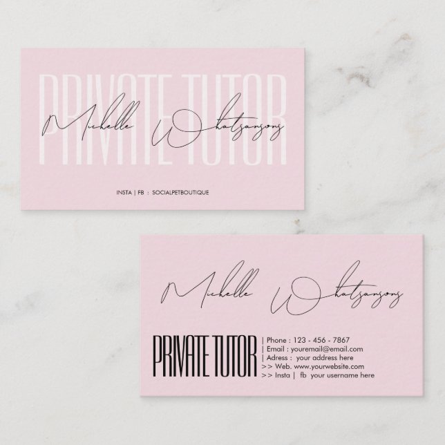 Carte De Visite Monogramme rose PROFESSEUR PARTICULIER écriture mo (Devant / Derrière)
