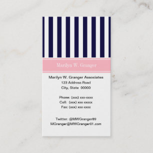 Carte De Visite Monogramme Rose Rayure Bleu Marine Blanc Nom