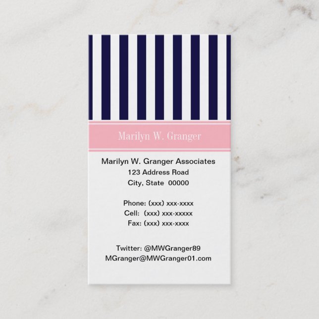 Carte De Visite Monogramme Rose Rayure Bleu Marine Blanc Nom (Devant)