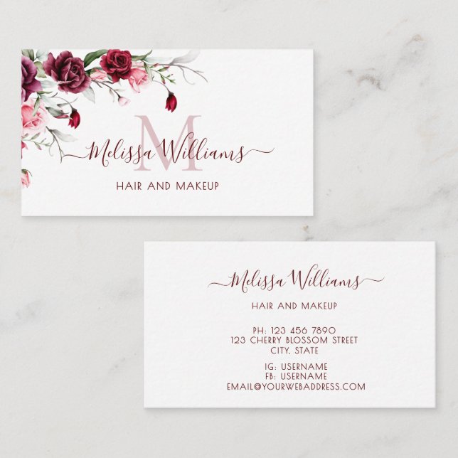Carte De Visite Monogramme Roses Aquarelle Noir (Devant / Derrière)