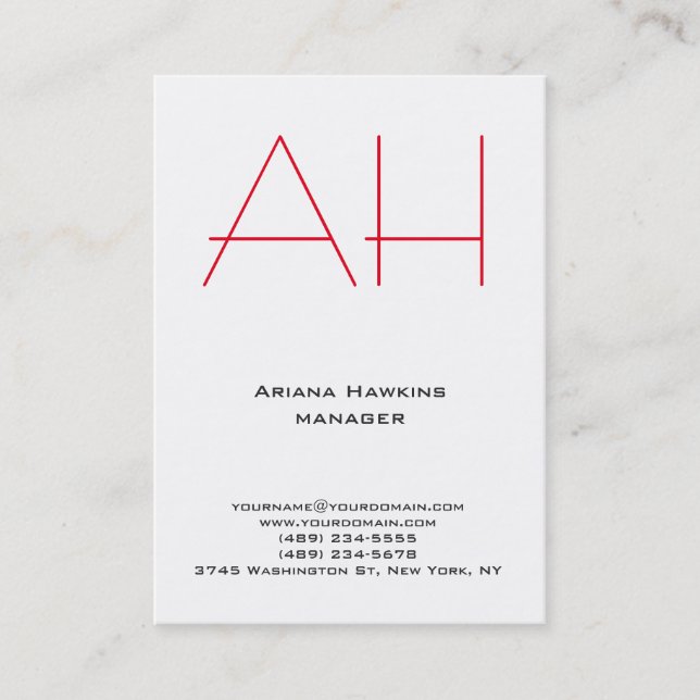 Carte De Visite Monogramme rouge blanc simple et tendance (Devant)