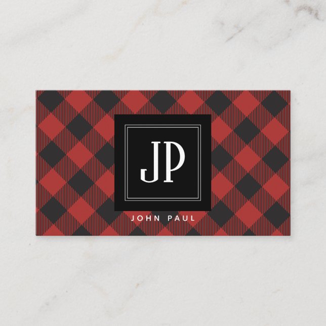 Carte De Visite Monogramme rouge de plaid de Buffalo (Devant)
