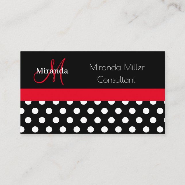 Carte De Visite Monogramme rouge noir blanc Polka point (Devant)