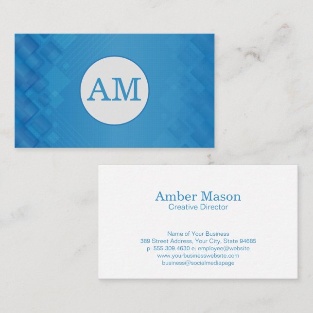 Carte De Visite Monogramme Serif | Motif géométrique bleu (Devant / Derrière)