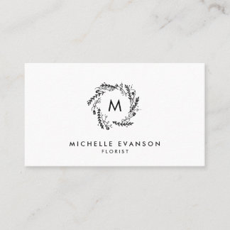 Carte De Visite Monogramme simple à couronne florale noir et blanc