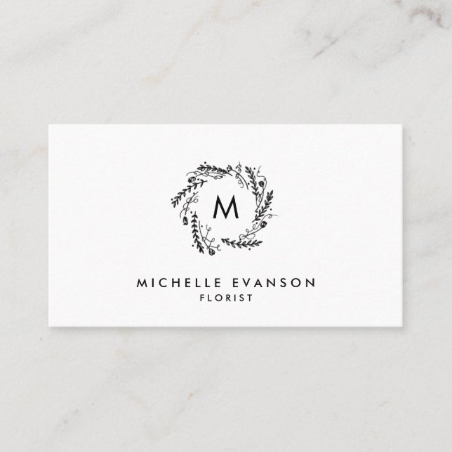 Carte De Visite Monogramme simple à couronne florale noir et blanc (Devant)