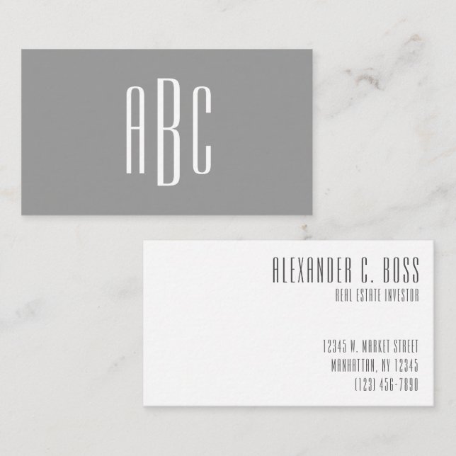 Carte De Visite Monogramme simple à trois lettres gris et blanc mo (Devant / Derrière)