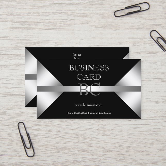 Carte De Visite Monogramme Simple Argent Noir 4C (Devant/Arrière en situation)