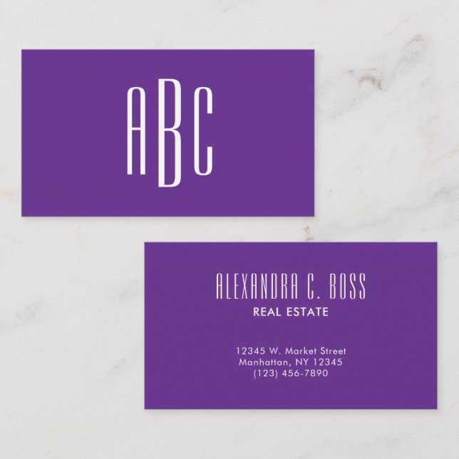 Carte De Visite Monogramme simple en trois lettres Royal Purple (Devant / Derrière)