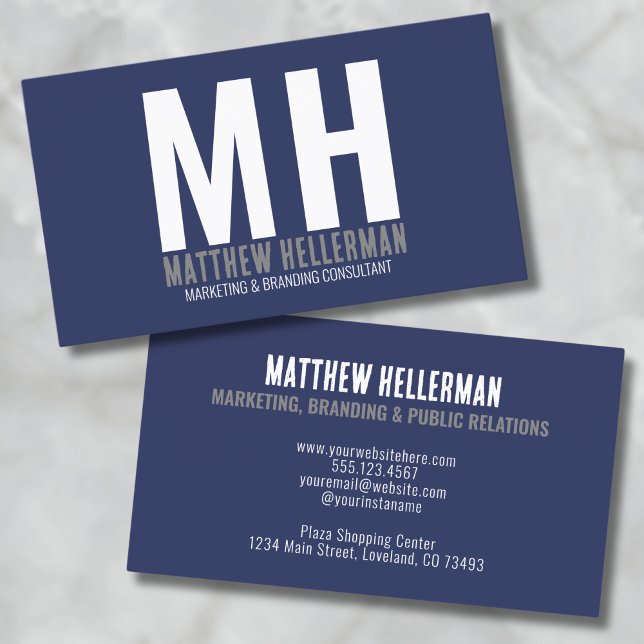 Carte De Visite Monogramme simple et professionnel bleu marine (Navy Blue Simple Professional Monogram Business Card)