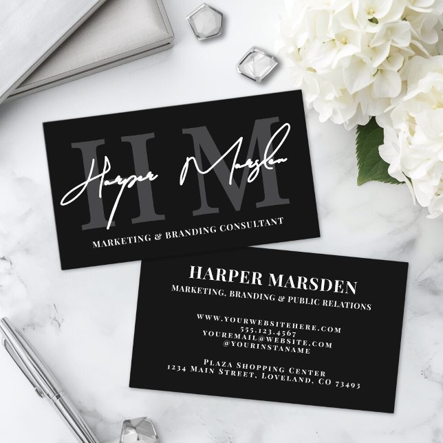 Carte De Visite Monogramme simple professionnel noir et blanc (Professional Simple Black White Monogram Business Card )