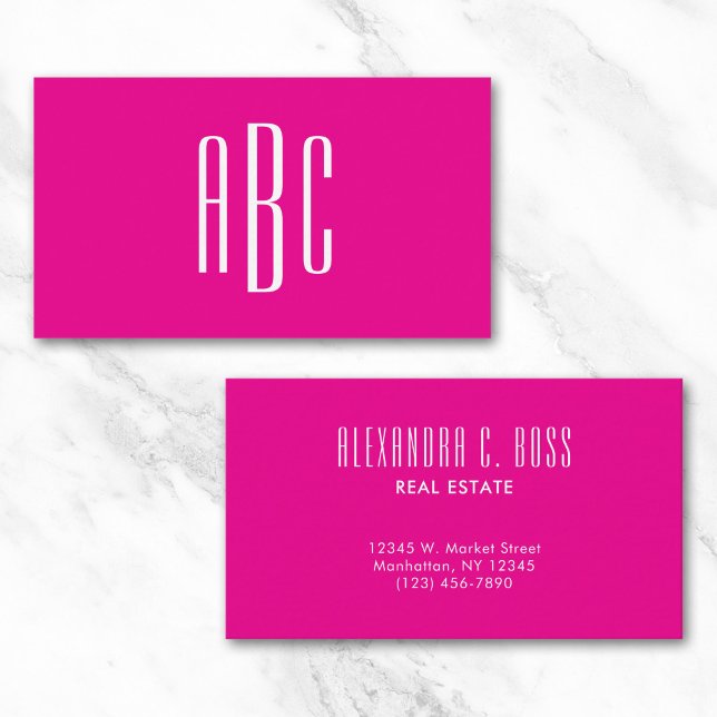 Carte De Visite Monogramme simple trois lettres rose chaud et blan (Hot Pink and White Simple Three Letter Monogram Business Card)