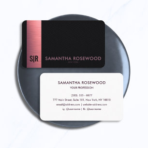 Carte De Visite Monogramme sur panneau en cuir noir et métal rose 