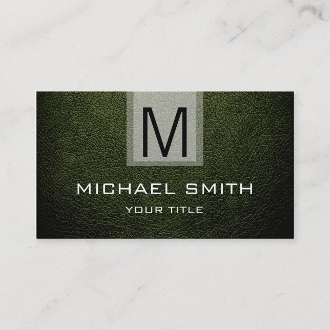 Carte De Visite Monogramme texturé en cuir vert foncé (Devant)