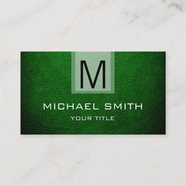 Carte De Visite Monogramme texturé en cuir vert foncé (Devant)