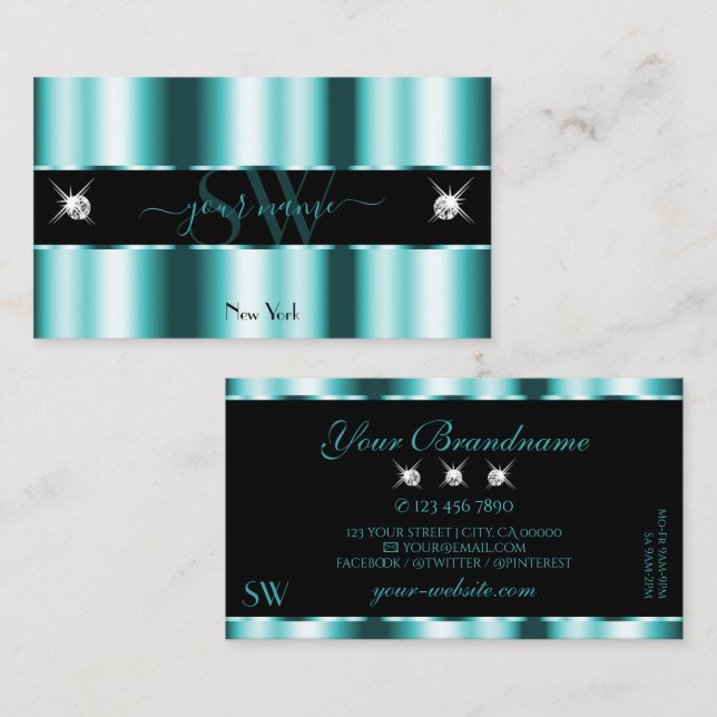 Carte De Visite Monogramme Turquoise brillant de diamants brillant (Devant / Derrière)