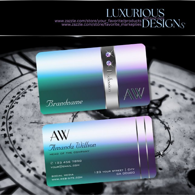 Carte De Visite Monogramme Turquoise brillant violet ombre en arge (Créateur téléchargé)