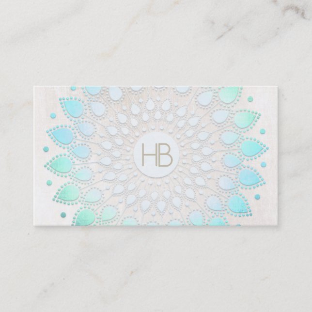 Carte De Visite Monogramme Turquoise Floral Lotus Marbre blanc (Devant)