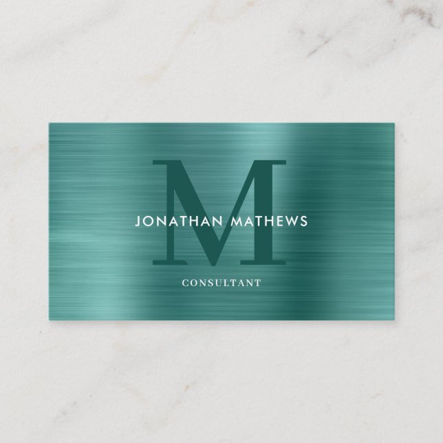 Carte De Visite Monogramme Turquoise métallique brossé professionn (Devant)