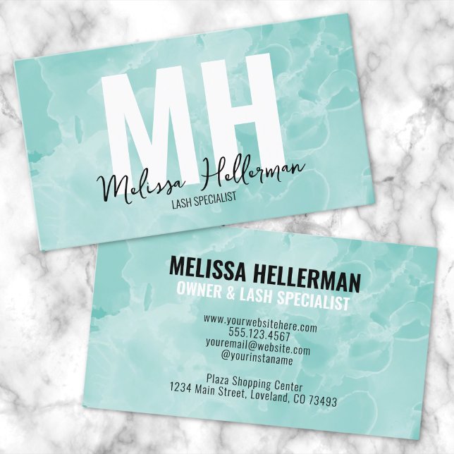 Carte De Visite Monogramme Turquoise simple (Simple Modern Watercolor Teal Monogram Business Card)