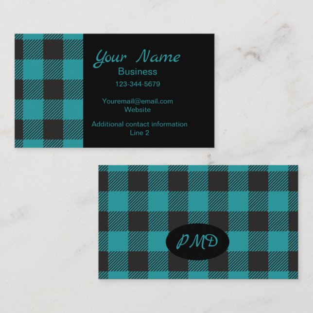 Carte De Visite Monogramme Turquoise Turquoise noir Buffalo Plaid  (Devant / Derrière)