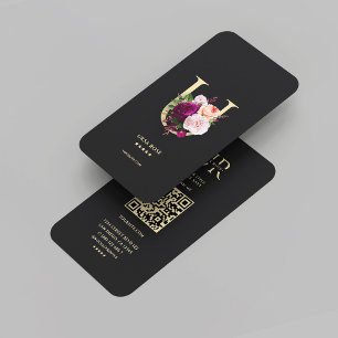 Carte De Visite Monogramme U Élégant Floral Black Gold