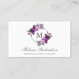Carte De Visite Monogramme ultra-violet pourpre floral d'aquarelle