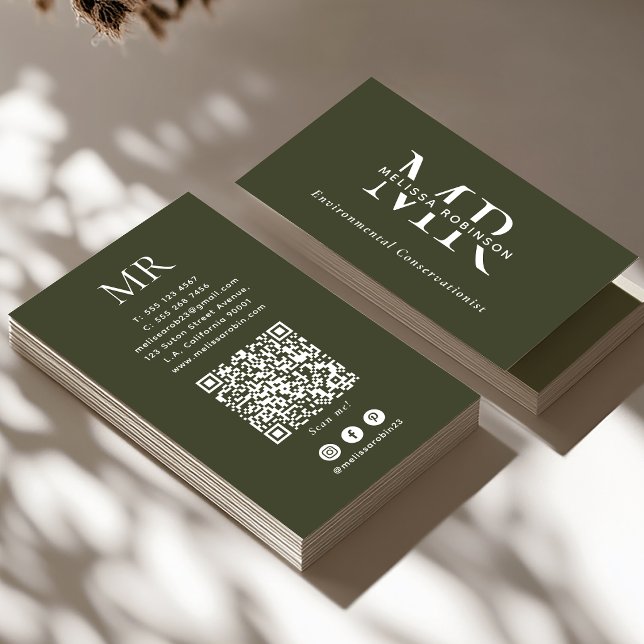 Carte De Visite Monogramme Vert Armée, Code QR & Réseaux Sociaux S (Créateur téléchargé)