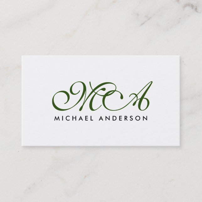 Carte De Visite Monogramme vert Élégant Script blanc clair (Devant)