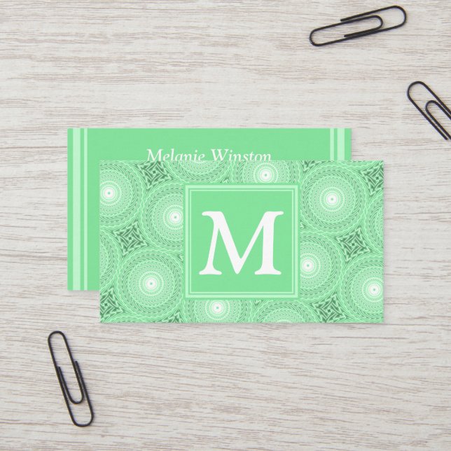 Carte De Visite Monogramme vert ressort cercles motif (Devant/Arrière en situation)