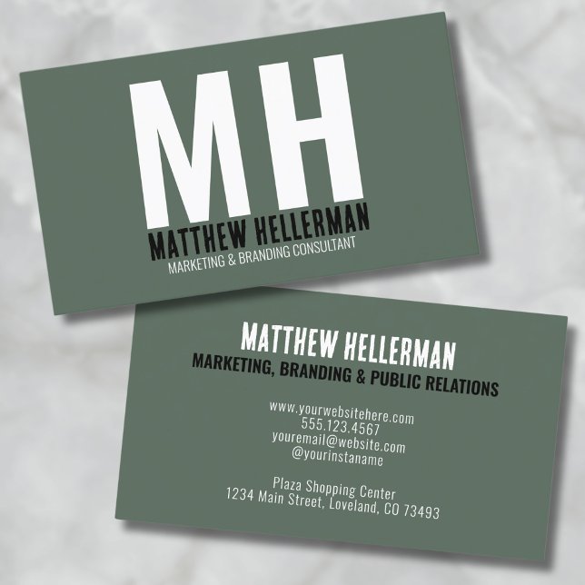 Carte De Visite Monogramme vert simple professionnel (Green Simple Minimal Professional Monogram Business Card )