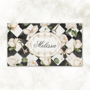 Carte De Visite Monogramme Vintage Rose Fleurs Noir Blanc Diamant