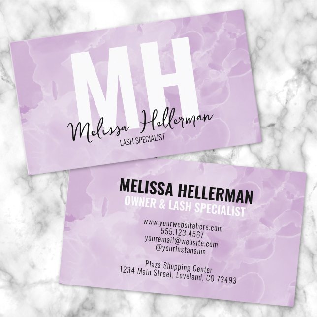Carte De Visite Monogramme Violet Aquarelle Moderne (Chic Modern Watercolor Purple Monogram Business Card)
