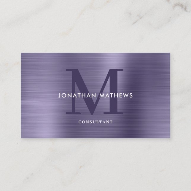 Carte De Visite Monogramme violet en métal brossé professionnel mo (Devant)