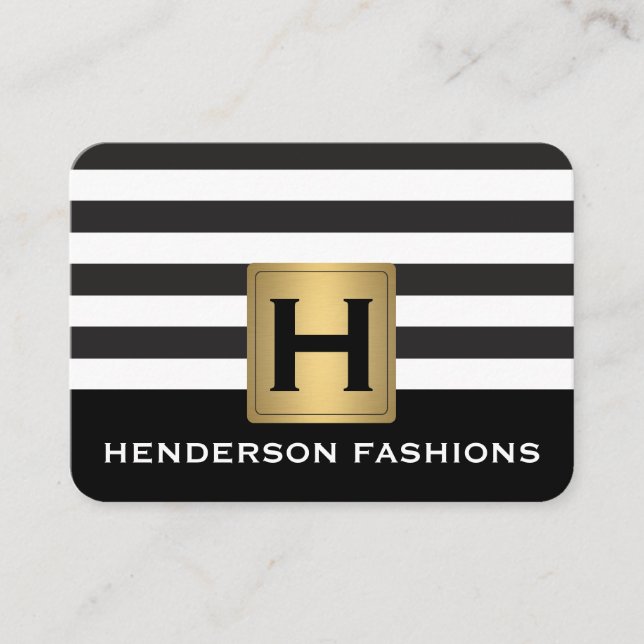 Carte De Visite MonogrammeArgent métallique / Rayures / Motif gris (Devant)