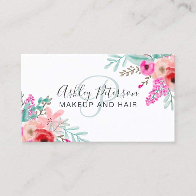 Carte De Visite Monographie à la menthe rose florale à l'aquarelle (Devant)