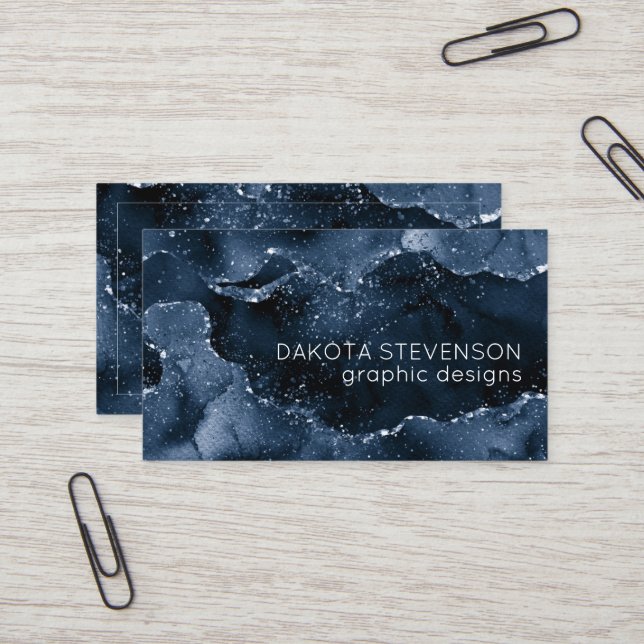 Carte De Visite Moody Agate | Marine Denim Steel Blue Faux Parties (Devant/Arrière en situation)