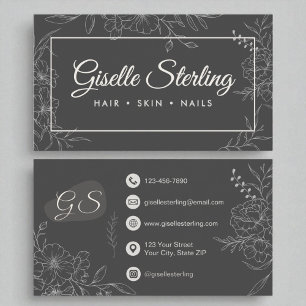 Carte De Visite Moody Charcoal Grey Floral Line Art Modern Script
