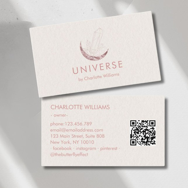 Carte De Visite Moon Crystal Energy Healer QR-Code (Moon Crystal Energy Healer QR-Code Business Card - Beige Rose-Gold
)