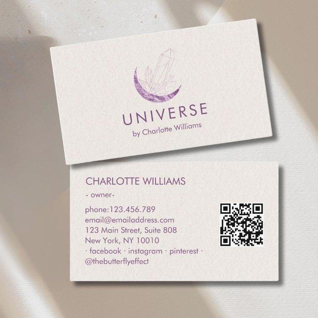 Carte De Visite Moon Crystal Energy Healer QR-Code (Moon Crystal Energy Healer QR-Code Business Card - Beige Violet)