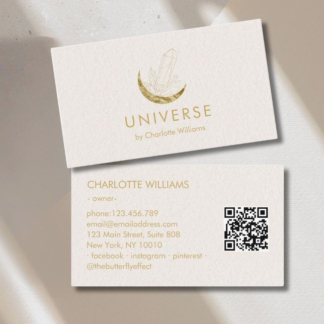 Carte De Visite Moon Crystal Energy Healer QR-Code (Moon Crystal Energy Healer QR-Code Business Card - Beige Gold)
