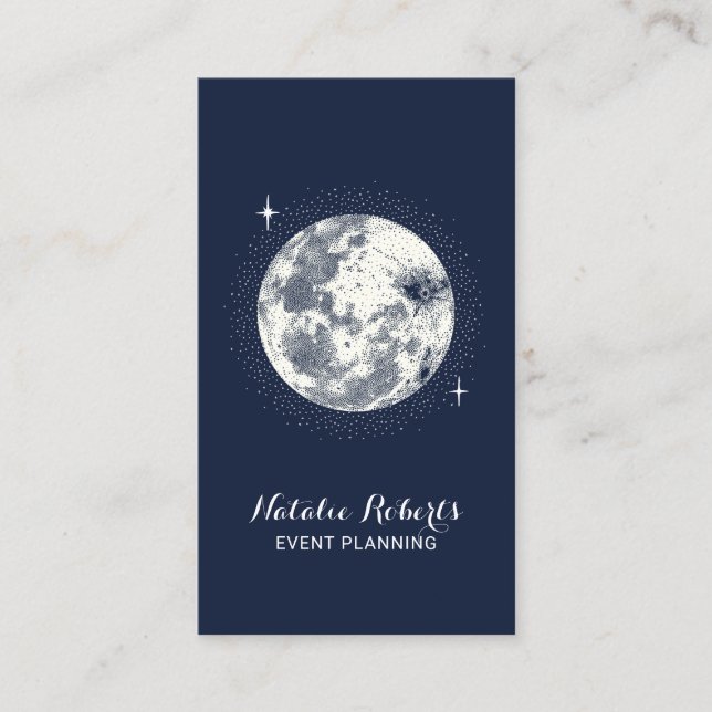 Carte De Visite Moon & Stars Elégant Navy Blue Event Planning (Devant)