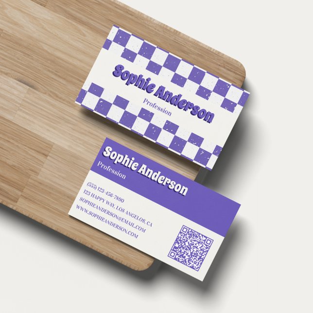 Carte De Visite Motif à carreaux rétro violet tendance avec code Q (Créateur téléchargé)