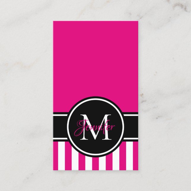 Carte De Visite Motif à rayures blanc rose chaud Monogramme noir (Devant)