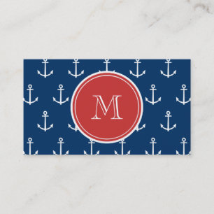 Carte De Visite Motif blanc d'Ancres de bleu marine, monogramme